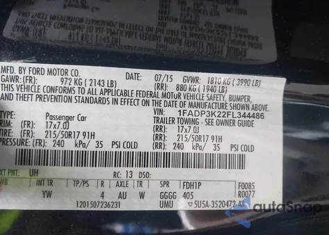 2015 Ford Focus Se z USA, uszkodzony, nr VIN 1FADP3K22FL344486